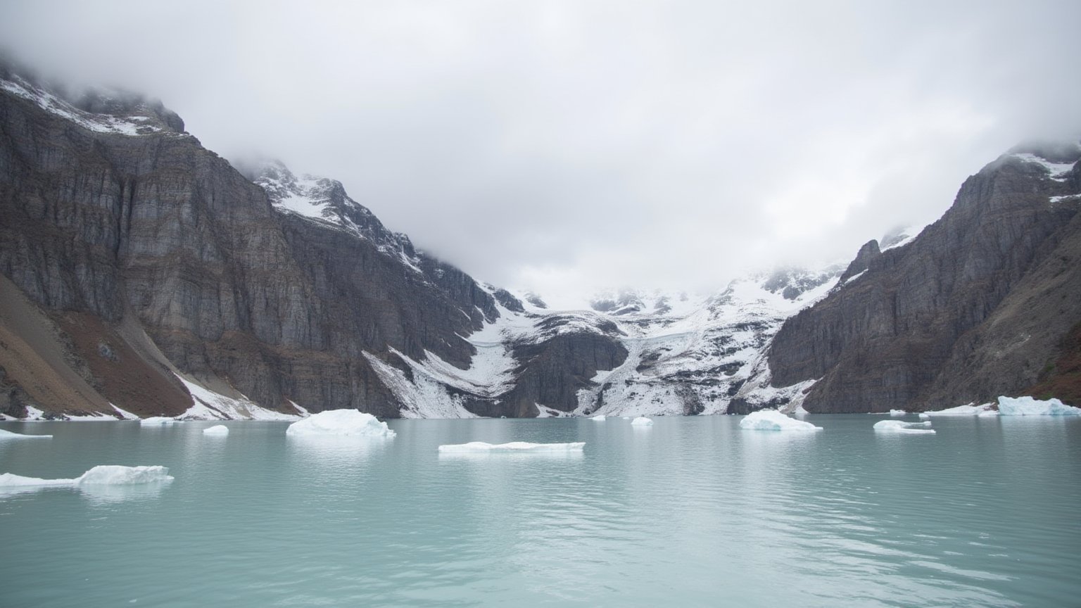 This is a high-resolution photograph capturing a serene alpine lake nestled within a rugged mountainous landscape. The lake, occupying the lower half of the image, has a calm, reflective surface with a light turquoise hue, hinting at its depth. Scattered across the lake are several large, pristine icebergs, their jagged edges contrasting against the smooth water. The surrounding mountains, dominating the upper half of the image, are imposing and steep, with exposed rocky cliffs and patches of snow clinging to their peaks and upper slopes. The snow appears sparse, indicating a gradual thawing process. The sky above is overcast, with thick, gray clouds blanketing the horizon, casting a soft, diffused light over the scene. The overall mood of the image is tranquil and majestic, showcasing the raw beauty of nature in a remote, untouched location. The photograph is likely taken during late spring or early summer, as the snow is beginning to melt, but the mountains remain stark and rugged. The textures range from the smooth, glassy surface of the lake to the rough, jagged rock faces of the mountains, emphasizing the stark contrast between the natural elements.<lora:flux_realism_lora:0.8>  <lora:us_national_parks_lora_flux_v1:1>