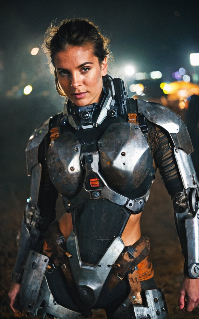 photograph, Portrait photo of gorgeous muscular woman in a worn mech suit, (light bokeh), intricate, (steel metal rust), (no clothes), detailed face, photo by greg rutkowski, soft lighting, vibrant colors, (streets), mist, foreground, super 8 film grain, noisy