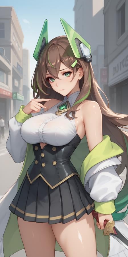 score_9, score_8_up, score_7_up, 1girl, mature female, shiny skin, <lora:Expressive_H:0.8>, <lora:Camille:0.8>,camille, green eyes, brown hair, very long hair, two-tone hair, bangs, bare shoulders, breasts, headgear, holding, holding sword, long sleeves, looking at viewer, medium breasts, pleated skirt, black skirt, solo, standing, white jacket, off shoulder, black corset, closed mouth, white shirt, open jacket,city, street, 