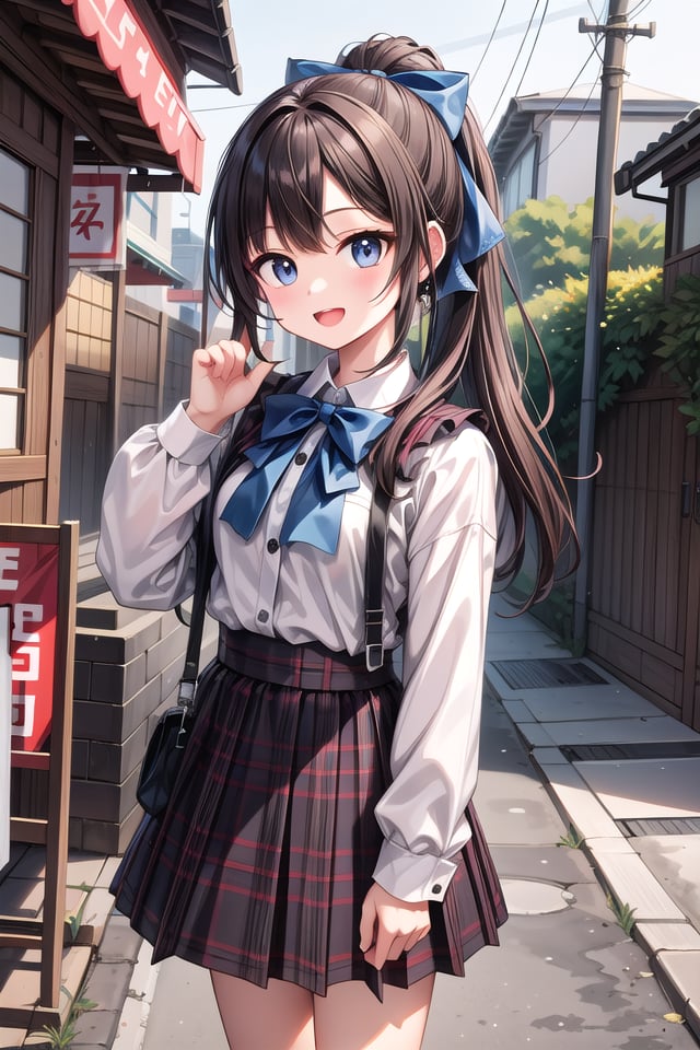 insanely detailed, absurdres, ultra-highres, ultra-detailed, best quality,1girl, solo, nice hands, perfect handsBREAKjirai kei,plaid skirt, shirt, long sleeves, bow, blue skirt, white shoulder frilly shirt, outdoors, blue bow, long hair, (cleavage:-1.5)BREAKhappy smile, laugh, open mouthBREAK45 angle,standing, cowboy shot, looking at viewerBREAKslender, kawaii, perfect symmetrical face, ultra cute girl, ultra cute face, ultra detailed eyes, ultra detailed hair, ultra cute, ultra beautifulBREAKin japanese street, cityscape in japan, depth of field, ultra detailed backgroundBREAKlarge breastsBREAKblack hair, black eyes, ponytail,