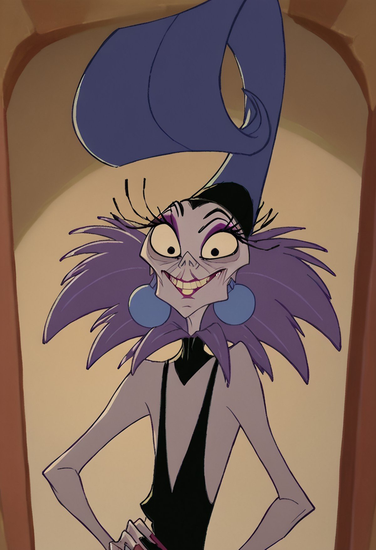 yzma, solo, 1girl, mature_female, eyelashes, black dress, earrings, jewelry, fur collar, makeup, headdress, teeth, long fingernails, looking at viewer, score_9, score_8_up, score_7_up, score_6_up, score_5_up, score_4_up, looking at viewer, hand on own hip, cowboy shot, <lora:ZymaPony1.0_r1:1>