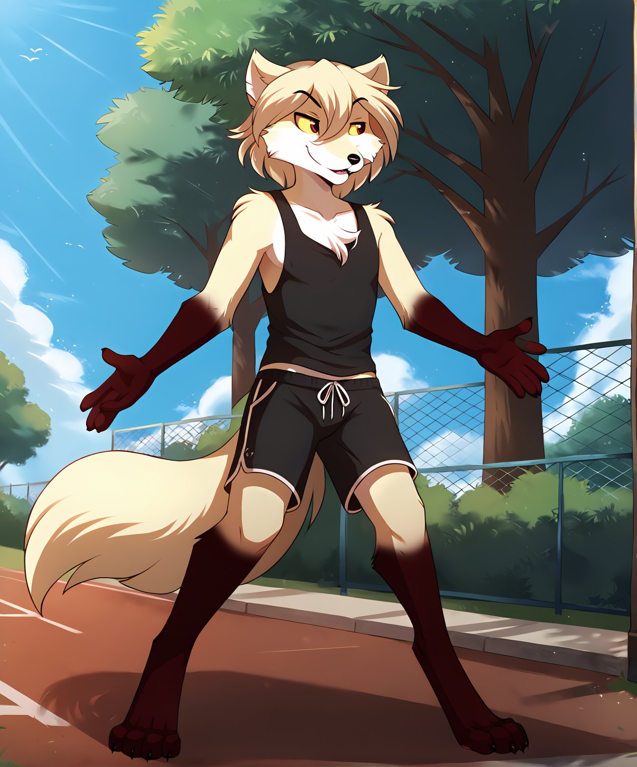 score_9, score_8_up, score_7_up,score_6_up,score_5_up, source_furryBREAKsolo, furry male anthro, medium hair, flat chest, (smug), tank top, gym shorts, (outdoors, park), upper body shot, digitigradeBREAK<lora:Clovis-Twokinds-SDXL-AnonTK-V2:1>, clovis-twokinds, keidran, mammal, fox tail, red eyes, yellow sclera