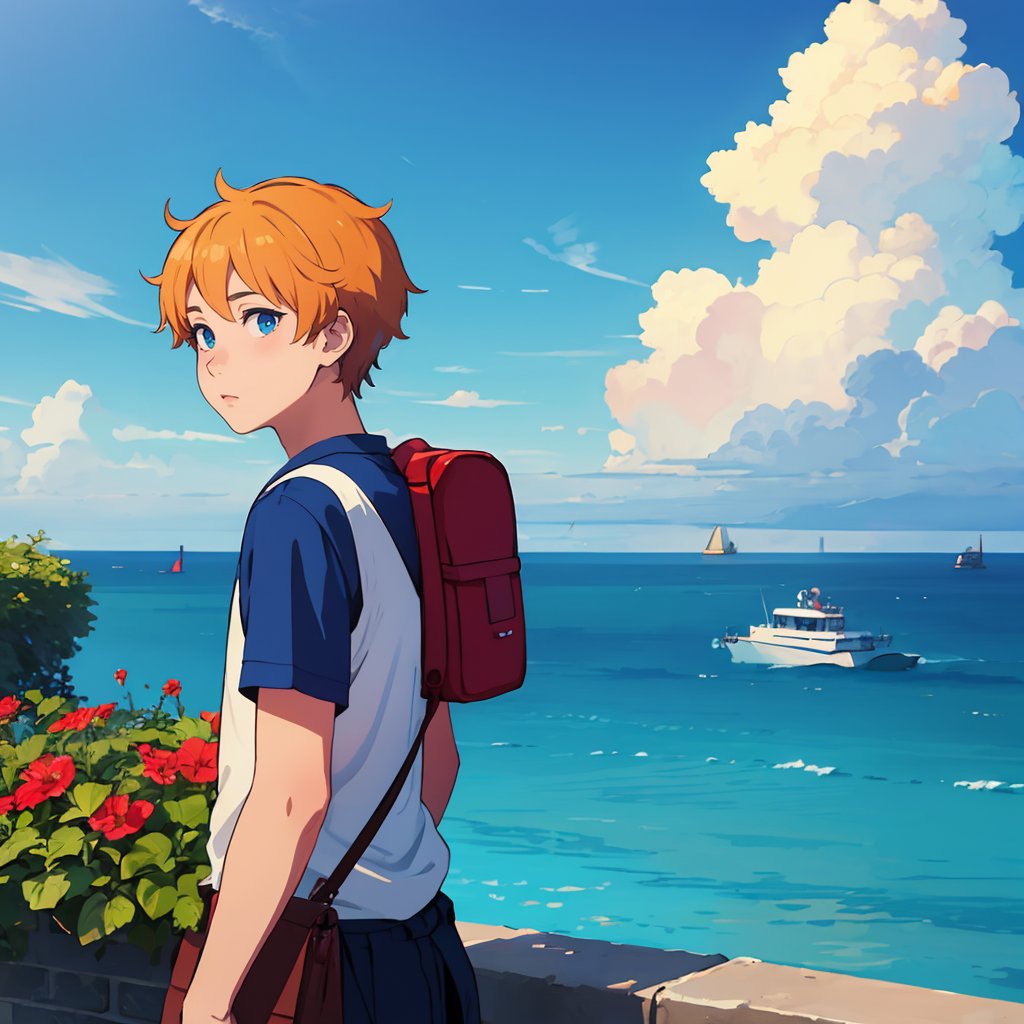 (best quality:1.4),(masterpiece:1.4),(8K:1.4),(extremely detailed:1.4),1boy,bag,blue sky,sea,cloud,cloudy sky,day,flower,