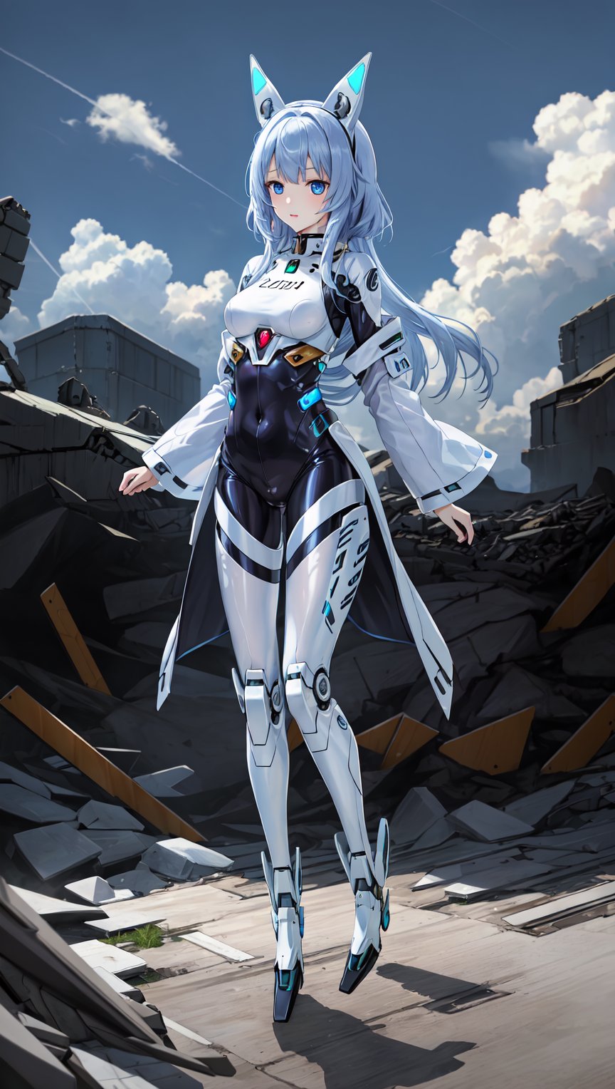 masterpiece,best quality,solo,1girl,solo,blue eyes,white background,bodysuit,animal ears,mechanical legs,full body,mecha musume,<lora:jsj-000008:0.6>,(((apocalypse))),