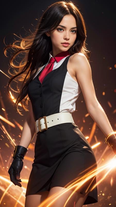 (best quality, masterpiece, colorful, dynamic angle, highest detailed), (photorealistic:1.2), raw photo, \Akame ga Kill!\, upper body shot, fashion photography of cute (Akame ga Kill!), perfect long black hair, red eyes, black dress, sleeveless, detailed white collar, black skirt, red belt around her waist, red and black gloves, long red tie, black socks, boots, (ultrahigh resolution textures), bokeh, light passing through hair, (abstract background:1.3),(official art)