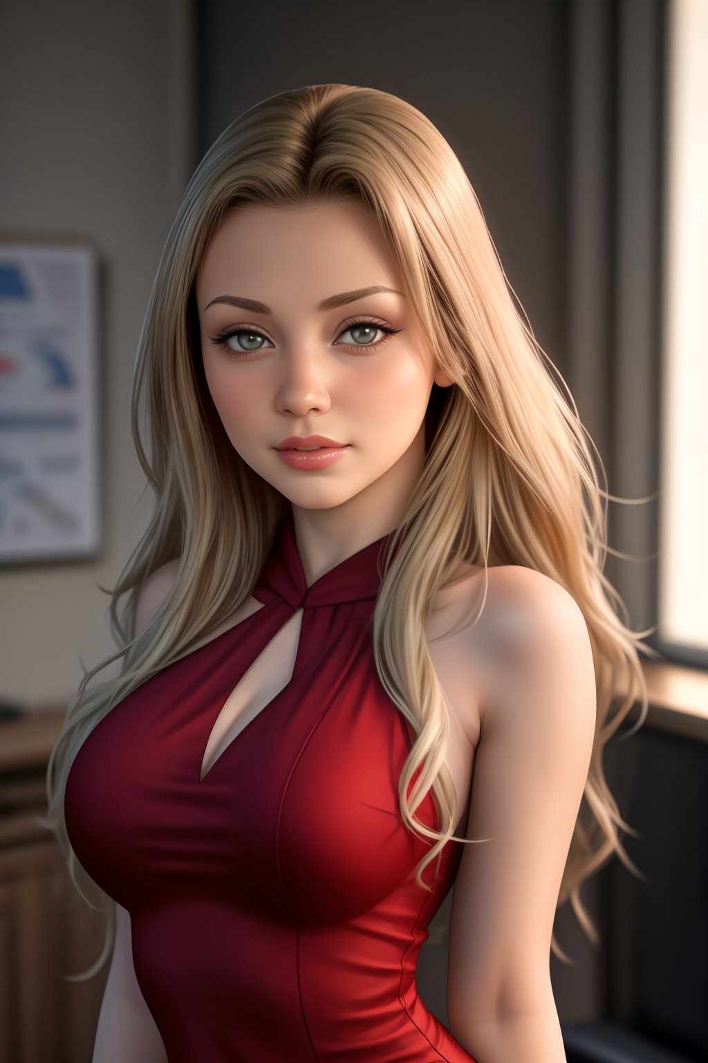 413tt4 0c34n, an absurd woman, ultra detailed, CG, unity, 8k wallpaper), (masterpiece), (realistic), (realistic), (photorealistic:1.2), (raw photo:1.2), (best quality:1.2), (detailed face:1.4) (beautiful detailed eyes:1. 2), (detailed hair), light on face, large file size, photo lighting, 1 girl, eyeliner, kawaii, student, (long hair, blonde hair, wavy hair:1.3) ((expressionless eyes)), blue eyes, (medium breasts:1.3), pink lips, ((very, very short elegant red dress)), depth of field, (standing front:1.5), ((in an office)) ((tense smile)), ((in an office))<lora:aletta-ocean-04:0.9><lora:pytorch_lora_weights:1>  <lora:add_detail:0.5>