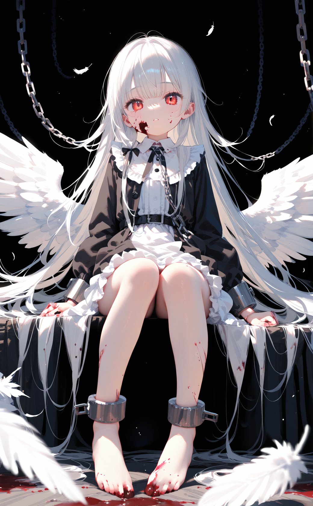 (masterpiece),(best quality),illustration,ultra detailed,hdr,Depth of field,(colorful),loli,1girl,solo,wings,blood,long hair,sitting,chain,red eyes,blood on hands,feathered wings,barefoot,blood on face,blood from eyes,dress,long sleeves,cuffs,feathers,frills,looking at viewer,very long hair,white wings,bandages,shackles,bangs,