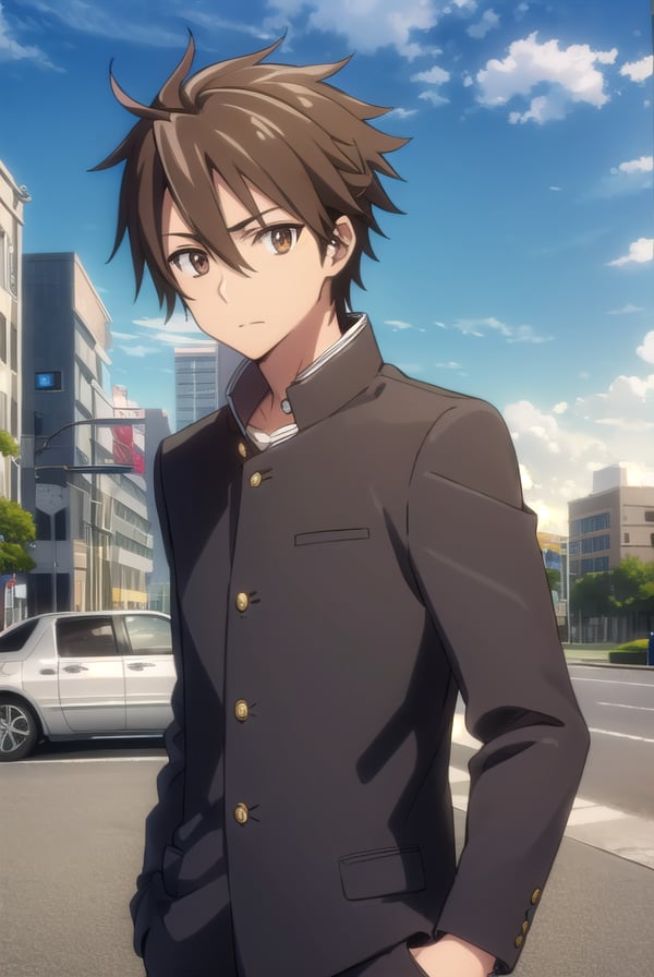 takashikomuro, <lora:takashi komuro s1-lora-nochekaiser:1>,takashi komuro, short hair, brown hair, black hair, (brown eyes:1.5), male focus,BREAK school uniform, black jacket, gakuran,BREAK outdoors, city, zombies, sun, sky, clouds, cars,BREAK looking at viewer, (cowboy shot:1.5),BREAK <lyco:GoodHands-beta2:1>, (masterpiece:1.2), best quality, high resolution, unity 8k wallpaper, (illustration:0.8), (beautiful detailed eyes:1.6), extremely detailed face, perfect lighting, extremely detailed CG, (perfect hands, perfect anatomy),