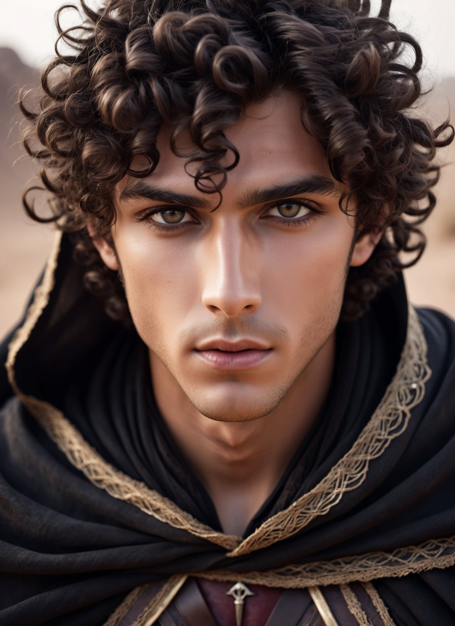 photorealistic Close-up portrait photography, (Enthralling male youth with intense gaze:1.3), Earthy-toned mesmerizing eyes, (Dark curly tufts:1.3), Stylish assassin costume, Flowing cape, Desert backdrop, Foggy ethereal veil, Dreamy setting, Film grain texture . highly detailed, lifelike, precise, accurate