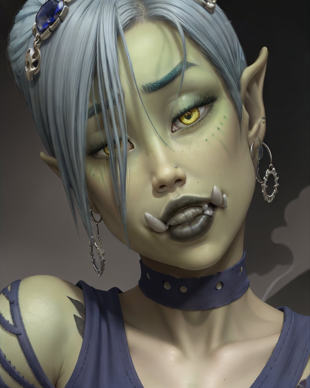 (majalis:1.2), (1girl, orc, urka:1.1), blue hair, (closeup:0.8), green skin, earrings, eyelashes, fangs, teeth, jewelry, lips, skull hair ornament, solo, stitches, yellow eyes <lyco:majalis_style_v2:0.6>