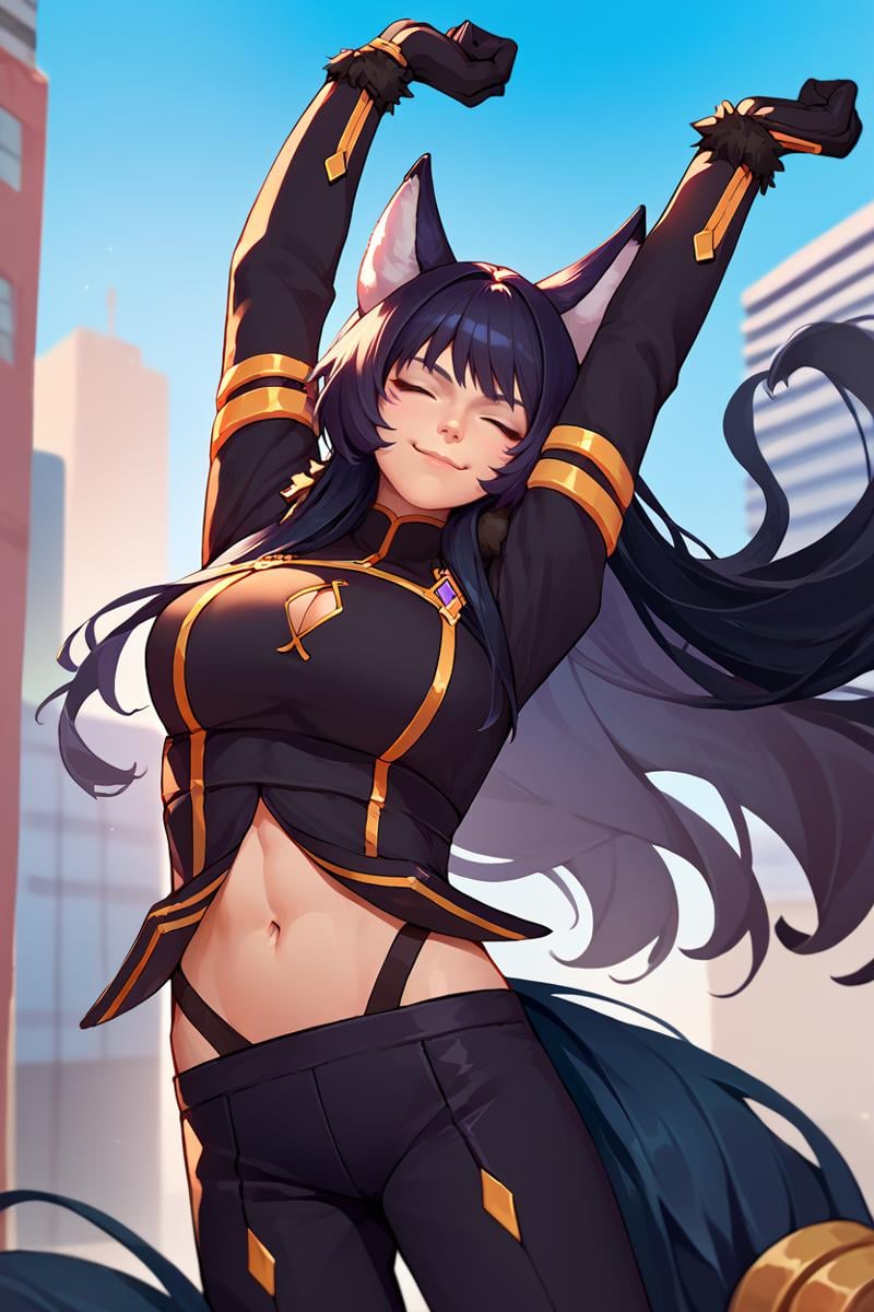 score_9, score_8_up, score_7_up, score_6_up, source_anime, 1girl, solo,  <lora:delta-pdxl-nvwls-v1-000005:1> delta, black hair, long hair, facial mark, wolf ears, black bodysuit, long sleeves, cleavage cutout, gold trim, navel, black pants, black gloves, fur trim, tail, stretching, looking up, closed eyes, blue sky, city, arms up, smile