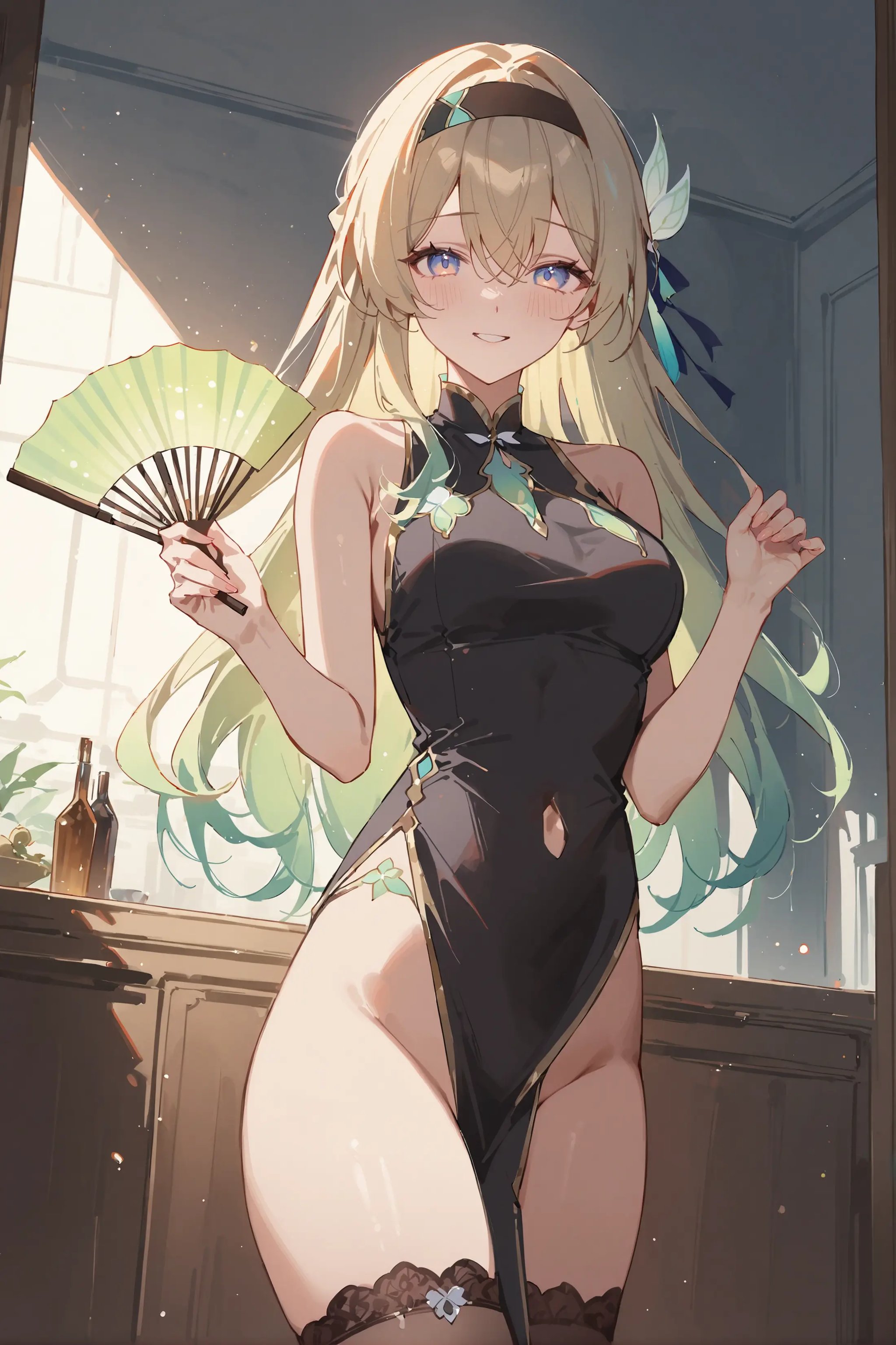 masterpiece, best quality, very aesthetic, ray tracing, newest,(hitenkei, askzy:0.5), 1girl, firefly \(honkai: star rail\), hairband, china dress, highleg, lace-trimmed legwear, cowboy shot, naughty face, holding fan, dining room, indoors <lora:Char-HonkaiSR-Firefly-XL-V2:0.9>