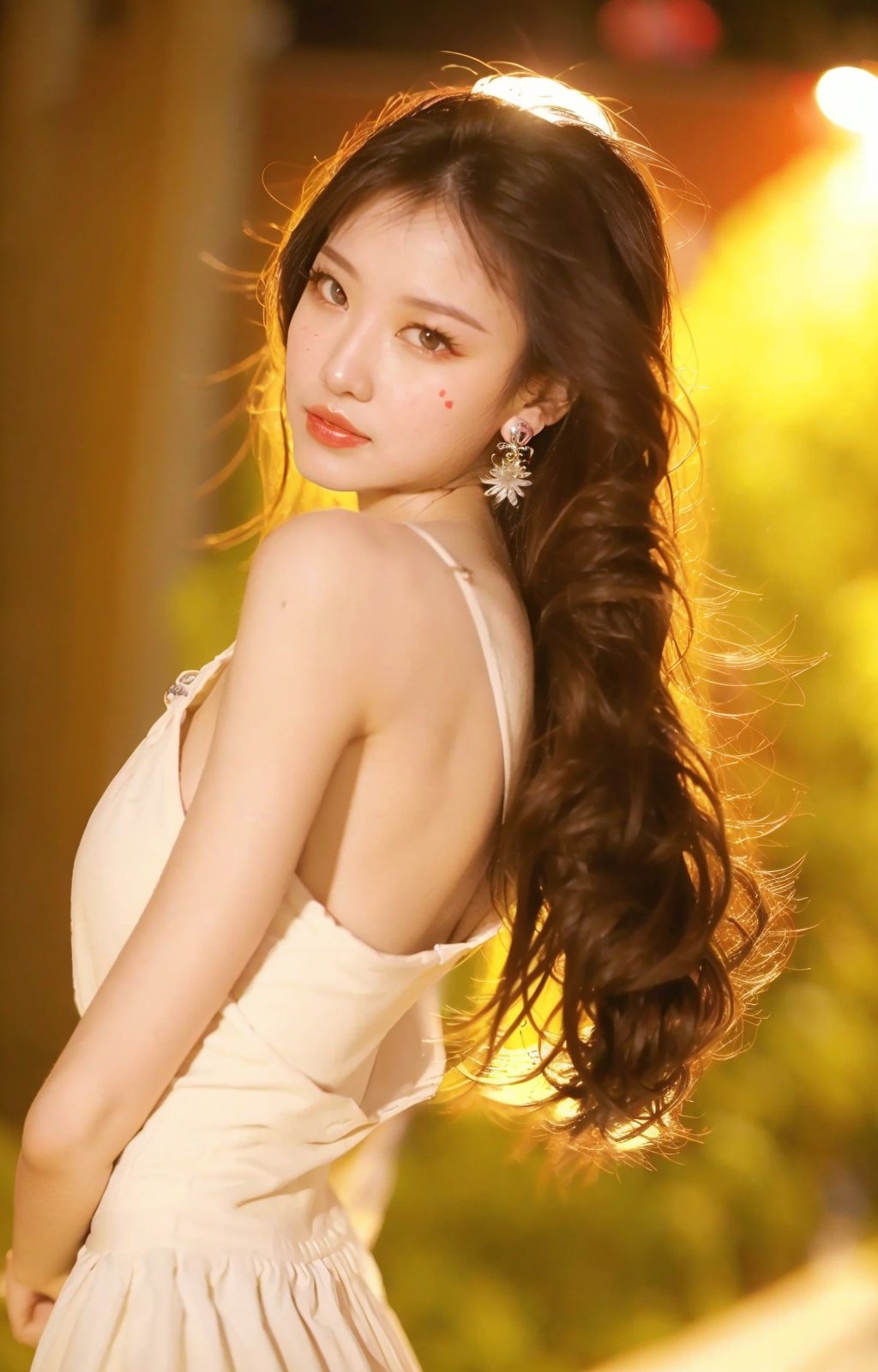 photographic of a girl, brown eyes, cleavage, hair ornament, jewelry, lips, long hair, makeup, upper_body, white chinese dress, earrings, facial mark, ultra realistic, movie light effect, . BREAK, 35mm photograph, grainy, professional, 8k, highly detailed, Hasselblad XCD 80mm F/1.9