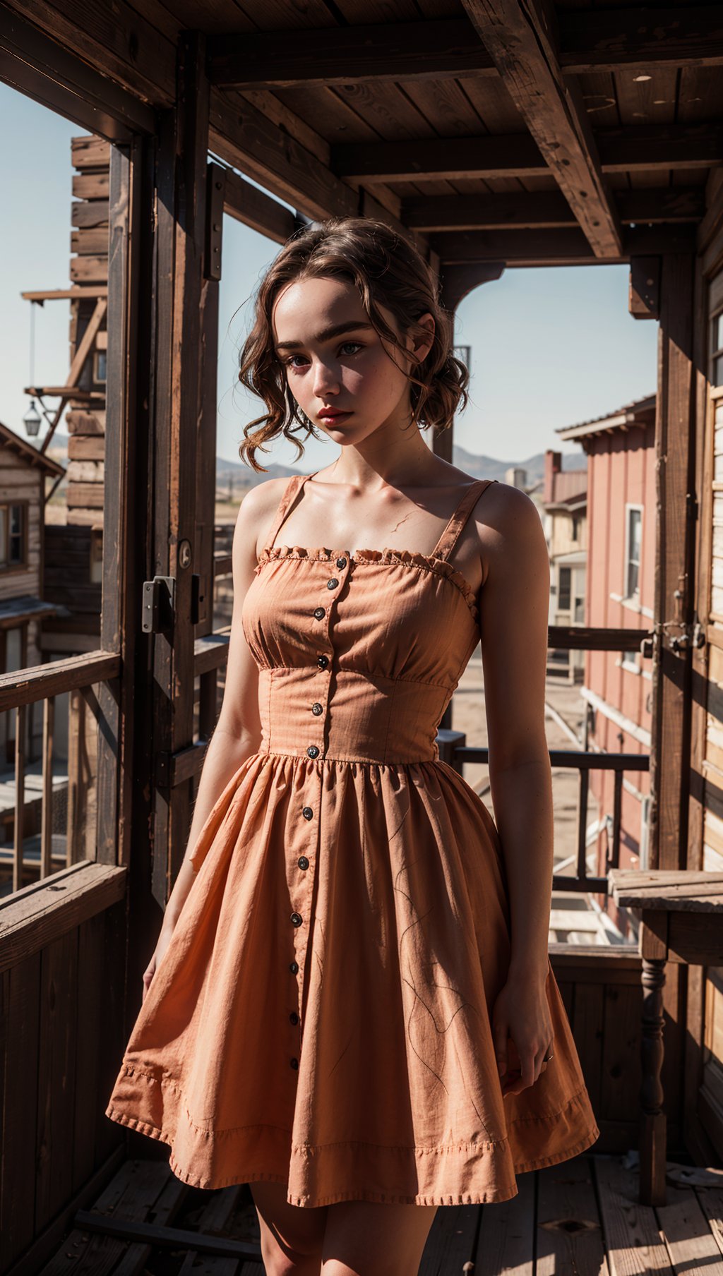 FlorencePugh,Parisienne dress,feminine pose,well-lit wooden structure,abandoned Wild West ghost town,late afternoon,colorful red orange yellow light,very emotional camera angle,medium format camera,in the style of (Life Magazine),