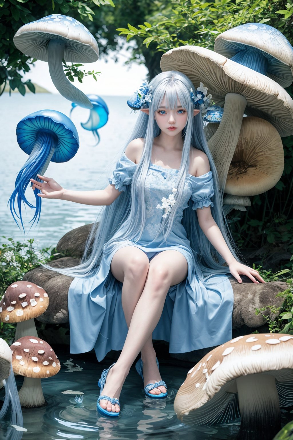 (masterpiece),(best quality),(ultra-detailed),illustration,Dynamic angle,1girl,long hair,blue eyes,solo,sitting,(mushroom:1.2),white hair,flower,(blue jellyfish:1.2),looking at viewer,bangs,hair ornament,dress,forest,tree,water,hair flower,pointy ears,very long hair,sandals,full body,short sleeve,