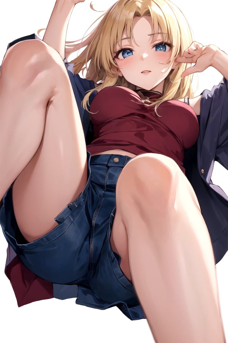 ((different clothes)), (Petite) ,(low angle, shot from below:1.2, shot from feet:1.2), (random pose, posing to viewer), portrait photo of a 18 years old blonde woman, wearing shorts, (hanging breasts), beautiful face, perfect eyes, brown hair, sitting, legs, spread legs, <lora:hinaMaybeBetterPose_v3:0.5>