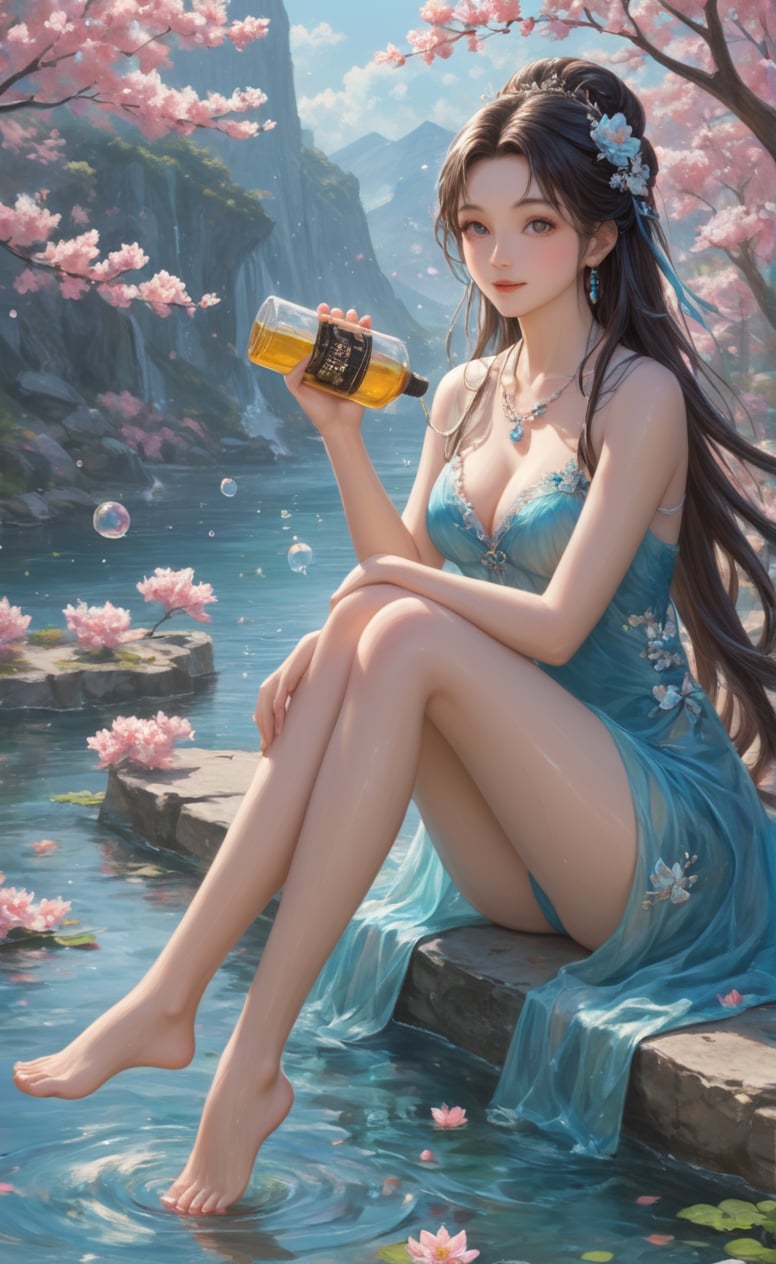 Colorful colors,surrounded by water bubbles,oil paintings painted in anime style,chinese girls,full body,barefoot, masterpiece, best quality,