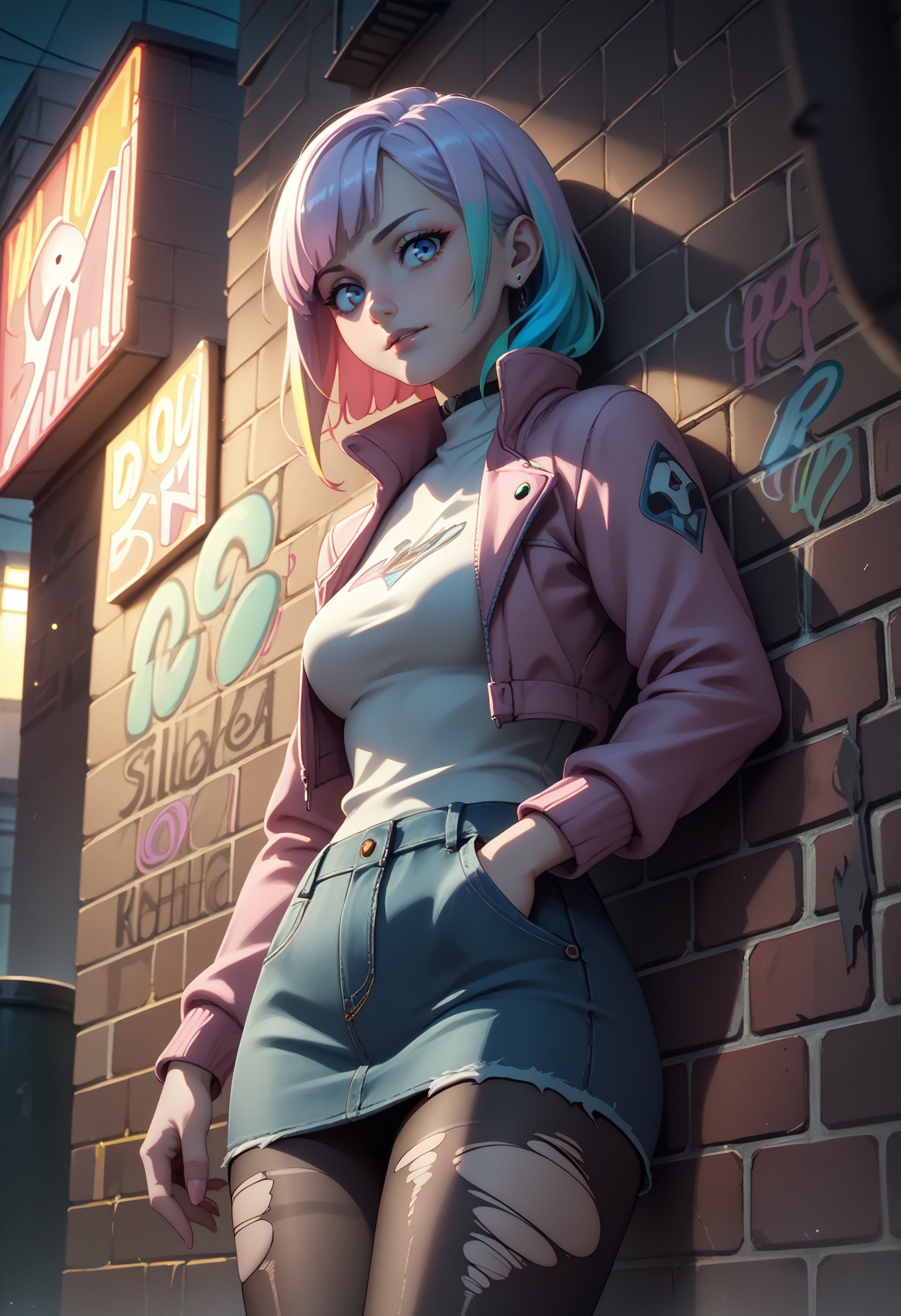 score_9, score_8_up, score_7_up, detailed, 1girl, solo, intricate details, chromatic aberration, realistic, LucyKushinada, multicolored hair, asymmetrical hair, multicolored eyes, makeup, earrings, sharp eyes, choker, neon shirt, torn legwear, open jacket, turtleneck sweater, night,against wall, brick wall, graffiti, dim lighting, alley, looking at viewer <lora:CyberpunkEdgerunners_LucyXL:0.8> 