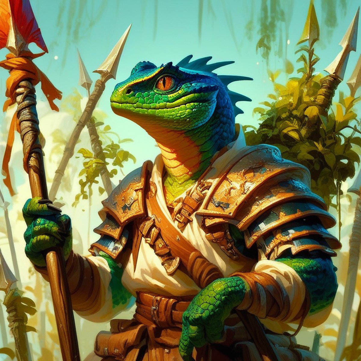score_9, score_8_up, score_7_up, lizardfolk warrior holding a spear, smooth anime