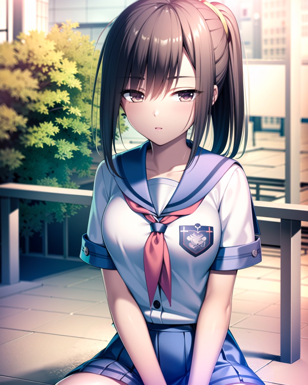 ((masterpiece)), ((best quality)), ((highres)), ((extremely detailed CG unity 8k wallpaper)), solo, <lora:hisako:1.4>, hisako, school uniform, (lavender skirt), sitting, 