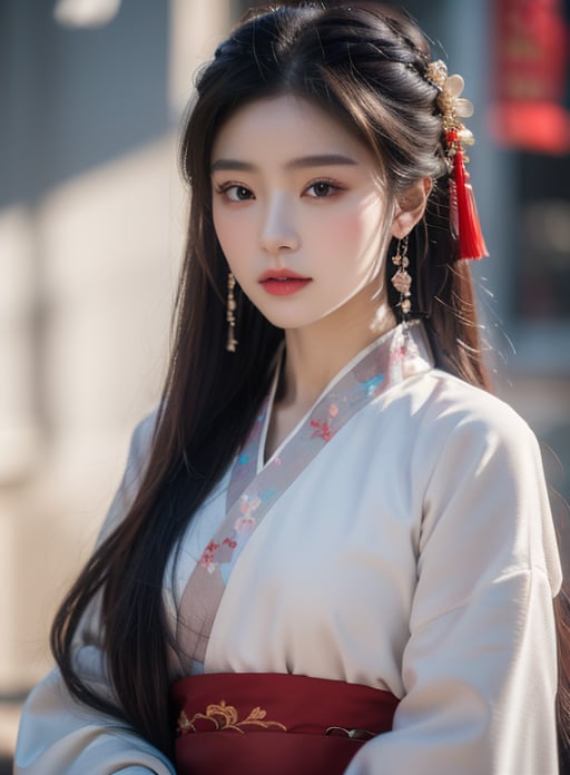 High quality,masterpiece,rich details,realistic photography,8k,high-definition image quality,Fantastic colors,a girl,solo,upper body,body,front,long hair,Delicate facial features,hanfu,chinese clothes,silk,Hair accessories,looking at the audience,9k, <lora:胶片风国潮古风美:1>