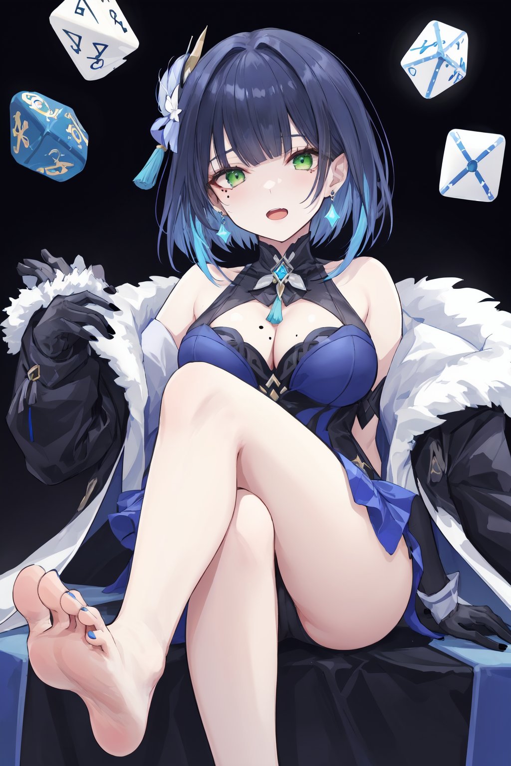 1girl,yelan \(genshin impact\),breasts,solo,feet,foot focus,large breasts,dice,barefoot,green eyes,jewelry,toes,blue hair,jacket,toenails,soles,looking at viewer,bangs,gloves,white jacket,nail polish,toenail polish,short hair,open mouth,cleavage,fur trim,diagonal bangs,mole,black hair,crossed legs,sitting,mole on breast,bare shoulders,earrings,fur-trimmed jacket,multicolored hair,bob cut,black gloves,blue dress,jacket on shoulders,black nails,tassel,foreshortening,