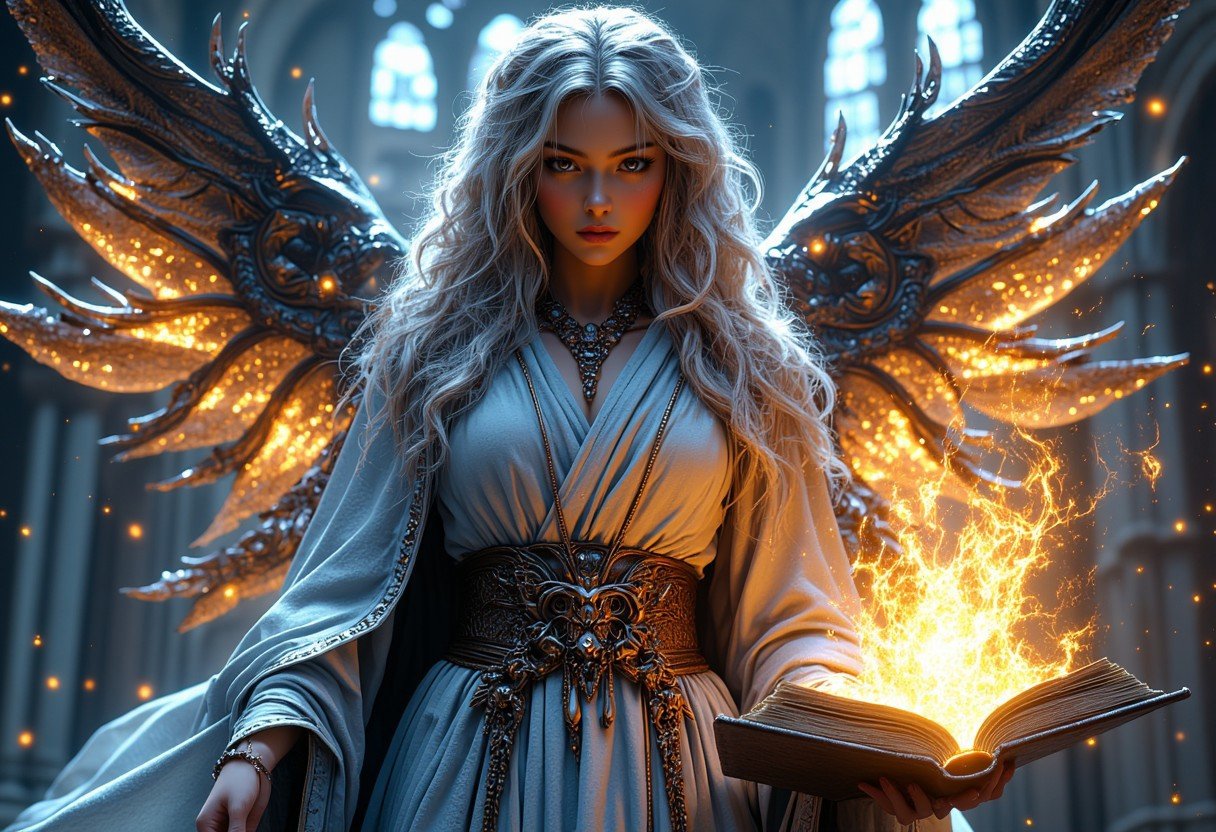 a close up shot of a beautiful angel, wearing magical robe, beautiful glowing wings, casting magic spell, heaven in background, hkmagic, reflective light, fantasy style, magic particals in the air, mythp0rt