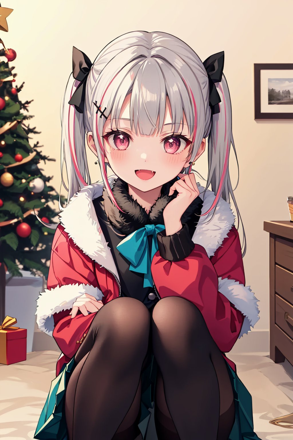 masterpiece,best quality, highly detailed, asumi sena,1girl, solo, fang, black pantyhose, earrings, looking at viewer, twintails, blush, long sleeves, hair bow, grey skirt, open mouth, squatting, plaid skirt, :d, x hair ornament, blurry background, jacket, black bow, pleated skirt, hands up, ribbon, christmas, christmas tree, fur-trimmed sleeves, feet out of frame,<lora:asumi_sena:1>