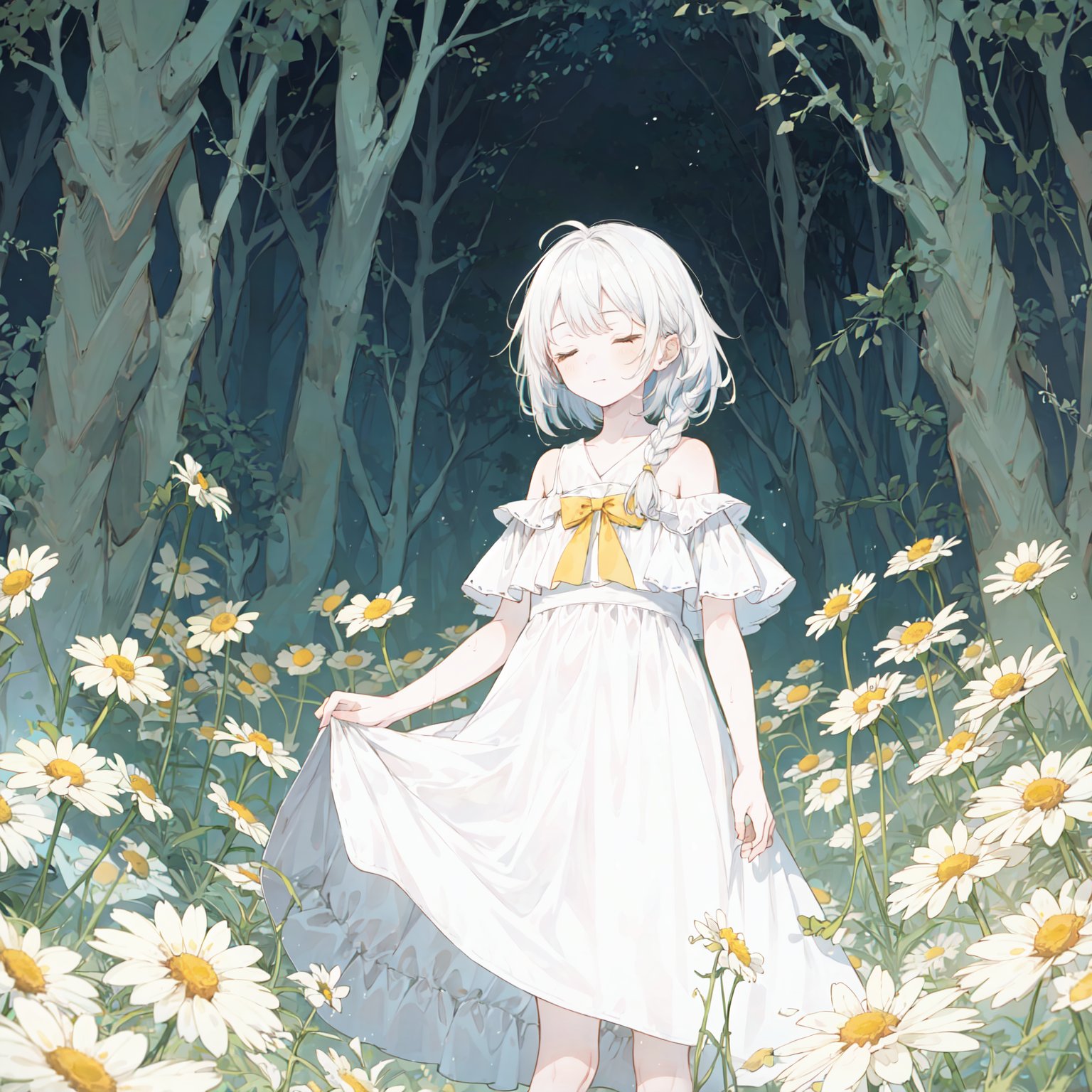 yellow theme,the setting sun,(((Chamomile))),Chamomile,cornflower,vines,forest,ruins,lens flare,hdr,Tyndall effect,damp,wet,1girl,bare shoulders,broken glass,broken wall,white hair,white dress,closed mouth,constel lation,flat color,braid,blinking,white robe,float,closed mouth,constel lation,flat color,looking up,standing,medium hair,standing,solo,