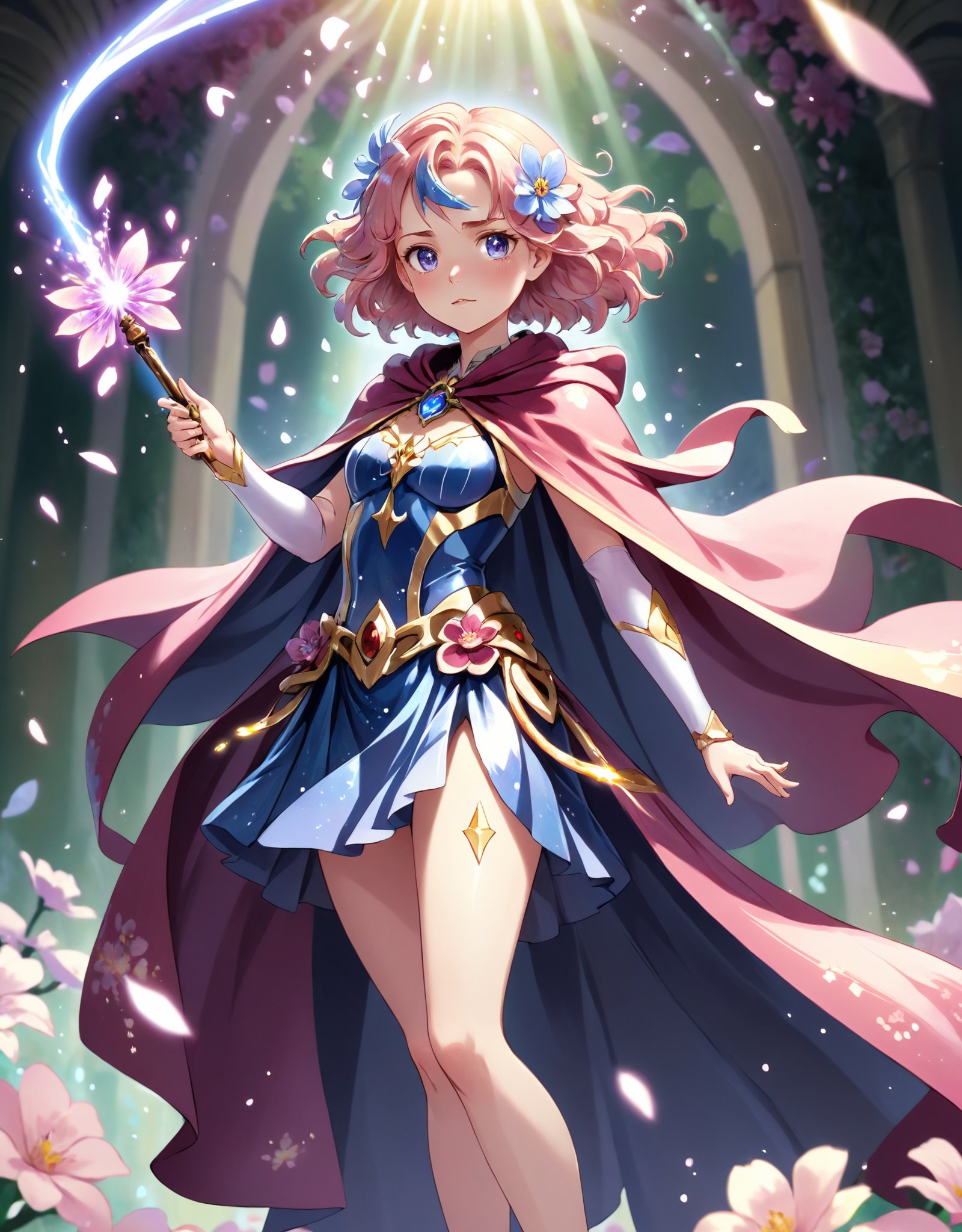 lustration of Cure Fleur standing gracefully with her magical wand, surrounded by shimmering flower petals, and casting a powerful healing spell with a determined look on her face. She is adorned in a beautiful floral-themed costume with a flowing cape, exuding light and hope as she stands in a heroic pose.