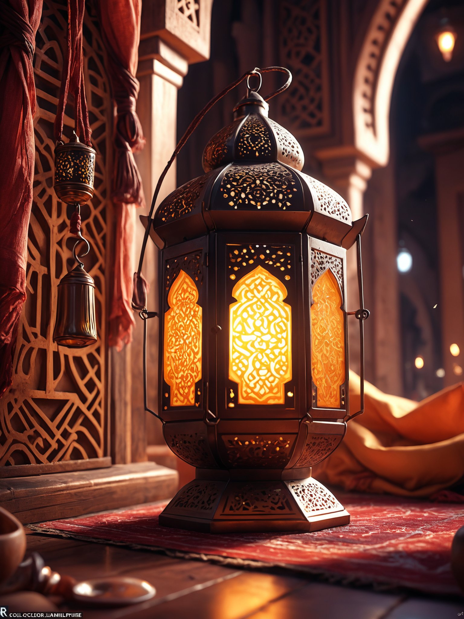 ramadan lantern, epic action, Unreal Engine, cinematic award winning artwork, many details, extreme detailed, full of details,Wide range of colors., dramatic, Dynamic,Cinematic,Sharp details, Insane quality. Insane resolution. Insane details. Masterpiece. 32k resolution. casting shadow style, cucoloris patterned illumination,  dvr-lnds-sdxl, ral-dissolve, ral-ertmsphr, ral-porcelain, ral-pxlprtcl, Niji, aidma-niji