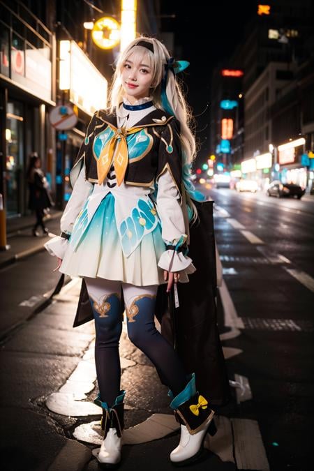 best quality,masterpiece,realistic,photorealistic,1girl,solo,smile,looking at viewer,standing,full body,arms at side,firefly cosplay costume,cosplay,long hair,white hair,dress,cropped jacket,capelet,shirt,skirt,long sleeves,frilled sleeves,bow,neckerchief,ribbon,fingerless gloves,hairband,hair bow,hair ornament,gradient legwear,gradient pantyhose,ankle boots,white boots,outdoors,night,neon lights,light,people,billboard,detail background,<lora:Honkai_StarRail_Firefly_costplay_costume_v1:0.7>,<lora:Background_Detail_v3:1>,<lora:background & distence control:-1>,