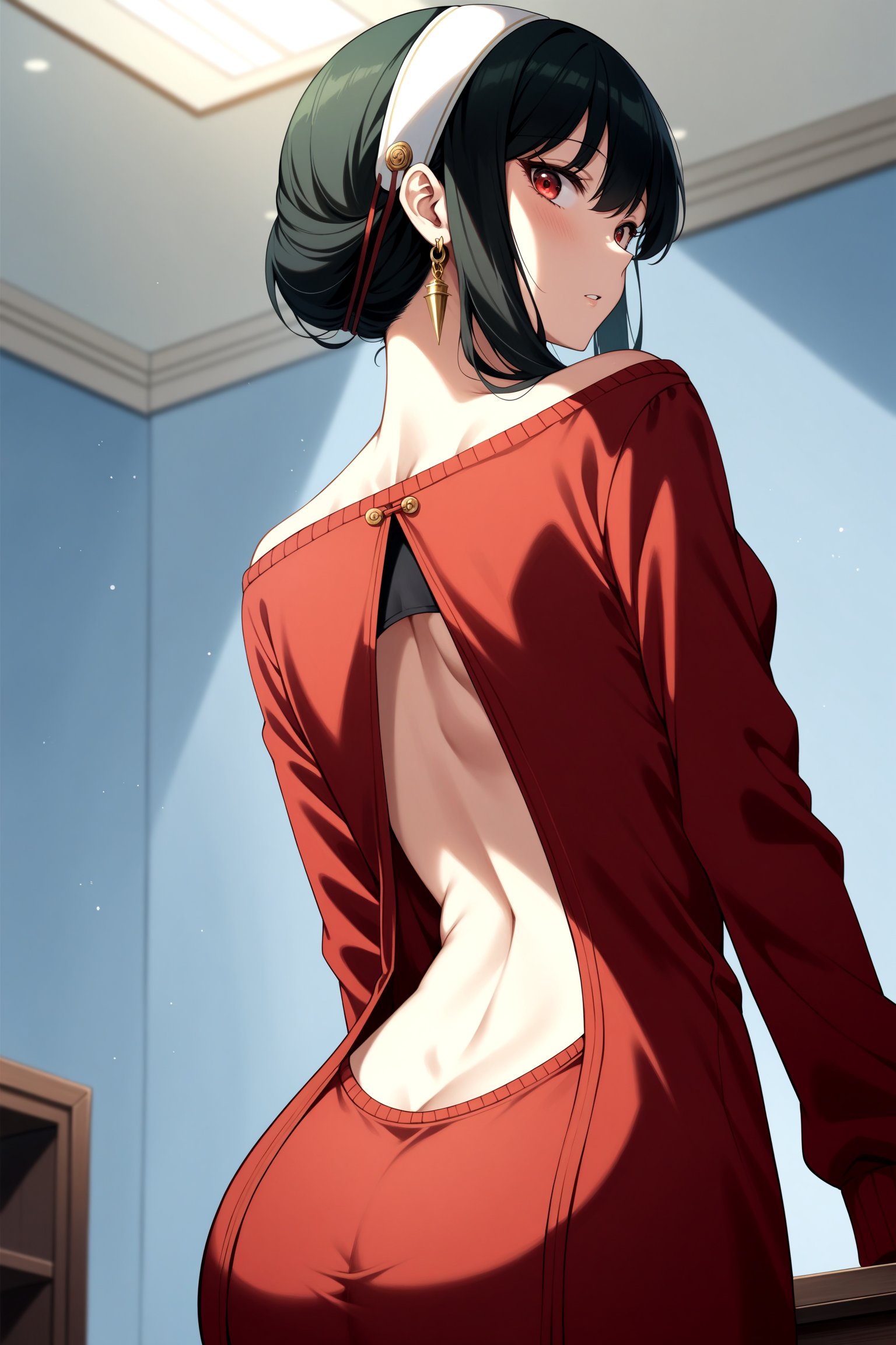 (masterpiece, best quality, very aesthetic, ultra detailed), intricate details, 4k, anime style, bbyorf, short hair with long locks, white hairband, red eyes, gold earrings, breasts, jewelry, off shoulder, red sweater, sweater dress, long sleeves, black pantyhose, <lora:yor_forger_XL_v1:0.9>, indoors, back focus, back cutout, butt crack, looking at viewer,