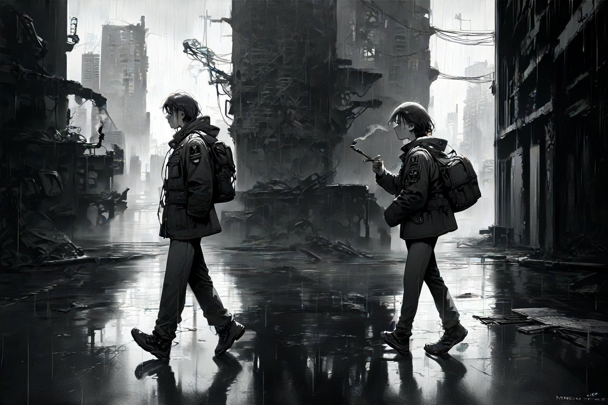 emotionless,looking at another walking full body from side1girl,military,uniform,jacket2023,abandoned ruin,pipe,rain,fragile,indoor,skyscraper,dark_background,monochrome,grey_scale(score_9,score_8_up,score_7_up,score_6_up), rating_explicit, best quality, masterpiece, 2k,shiny skin reflection,<lora:DetailedEyes_V3:0.8>