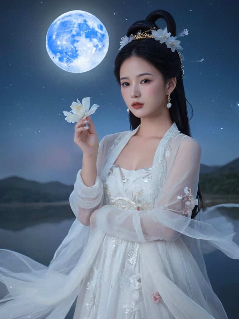 (Fairy Chang'e:1.5), 1girl, black hair, (Beautiful_hands:1.5), dress, earrings, eyelashes, finger to mouth, flower, full moon, hair ornament, jewelry, lips, lipstick, long hair, looking at viewer, makeup, mole, moon, realistic, sky, solo, upper body, white dress <lora:FairyChang:0.45>