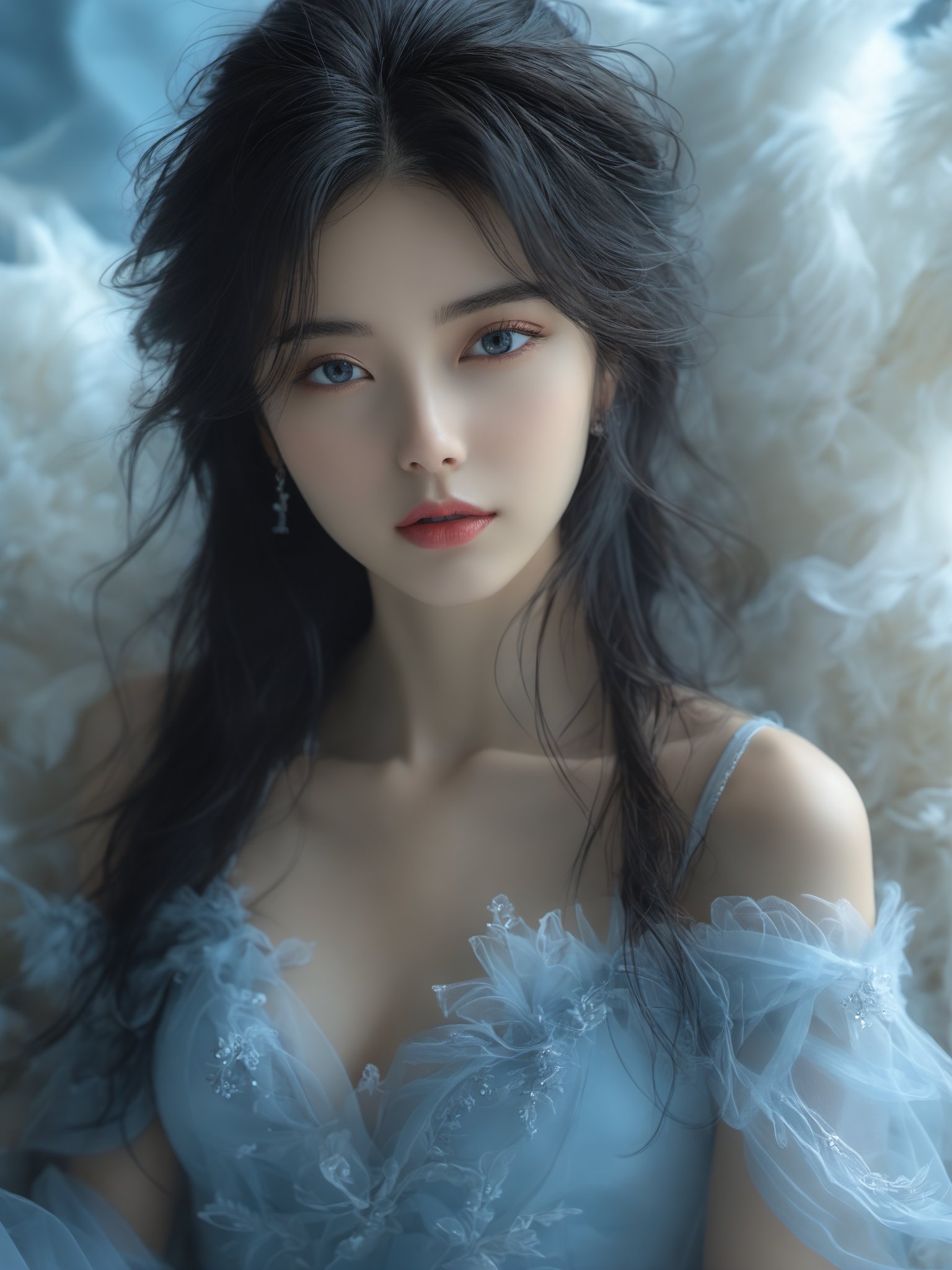 anan, 1girl, solo, black hair, looking at viewer, realistic, parted lips, blue eyes, dress, long hair, blurry