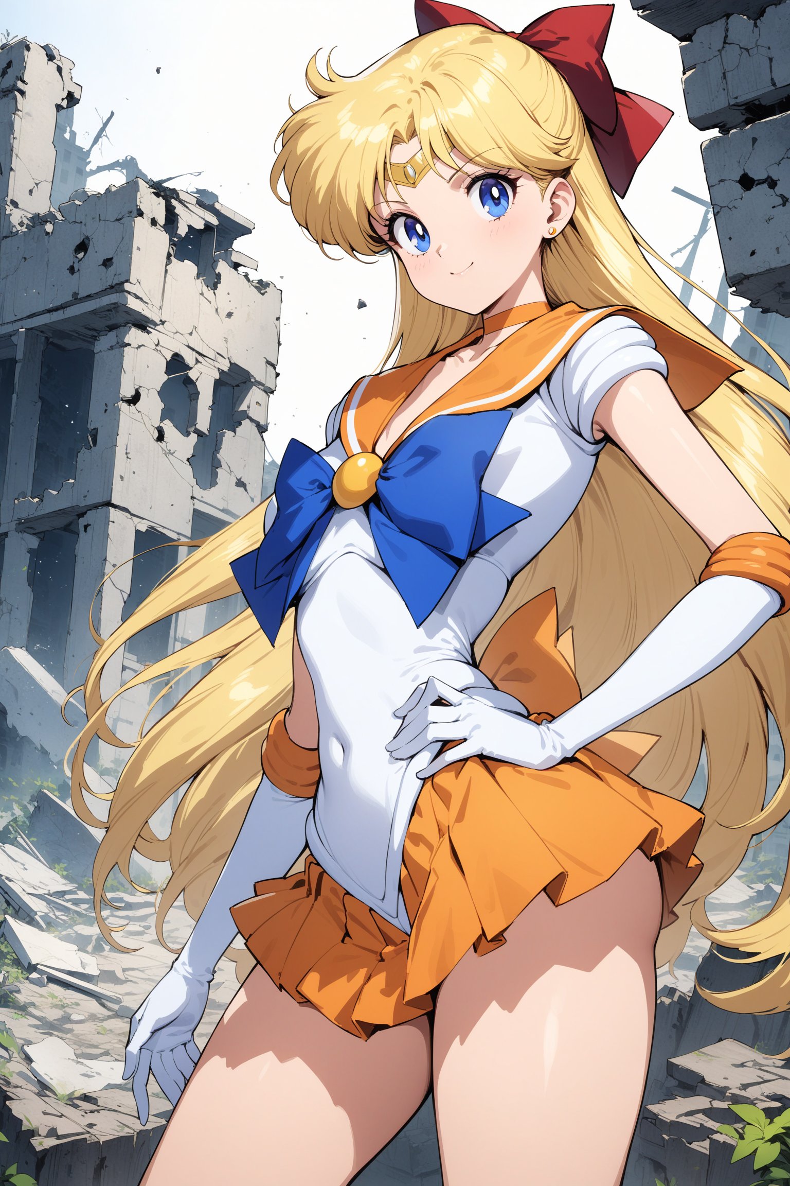 masterpiece, best quality, very aesthetic, absurdres, aavenus, long hair, blonde hair, hair bow, tiara, blue eyes, earrings, orange choker, collarbone, orange sailor collar, blue bowtie, white shirt, white leotard, elbow gloves, white gloves, pleated skirt, orange skirt,  <lora:sailor_venus_XL_v1(anima):0.9>, hand on hip, smile, ruins, standing, cowboy shot, 