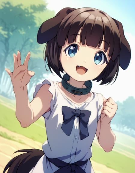 score_9, score_8_up, score_7_up, score_6_up, score_5_up, score_4_up, source_anime, , Pochi, short hair, blue eyes, black hair, collar, dog ears, dog tail, dynamic pose, smile