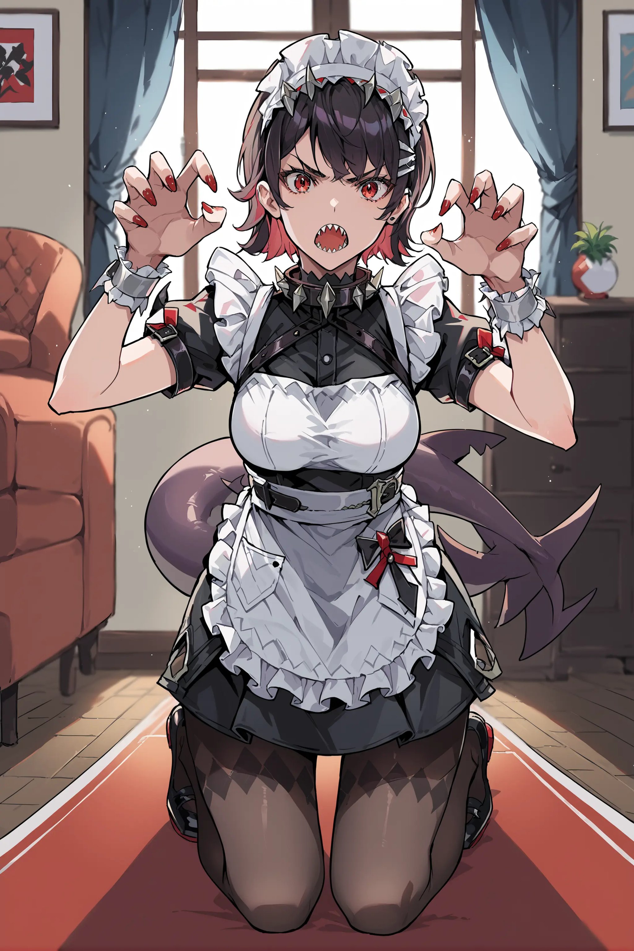 score_9, score_8_up, score_7_up, source_anime, 1girl, ellen joe, solo, hairclip, argyle pantyhose, red nails, black footwear, maid headdress, maid apron, wrist cuffs, maid dress, shark tail, spiked collar, looking at viewer, angry, open mouth,  sharp teeth, claw pose, indoors, living room, depth of field, kneeling, full body  <lora:Char-ZZZ-EllenJoe-pony-V1:0.8>  <lora:MikaPikaZoXLP6lokrV42310:0.35> <lora:yoneyamaiXLP6lokrV4236:0.35> 