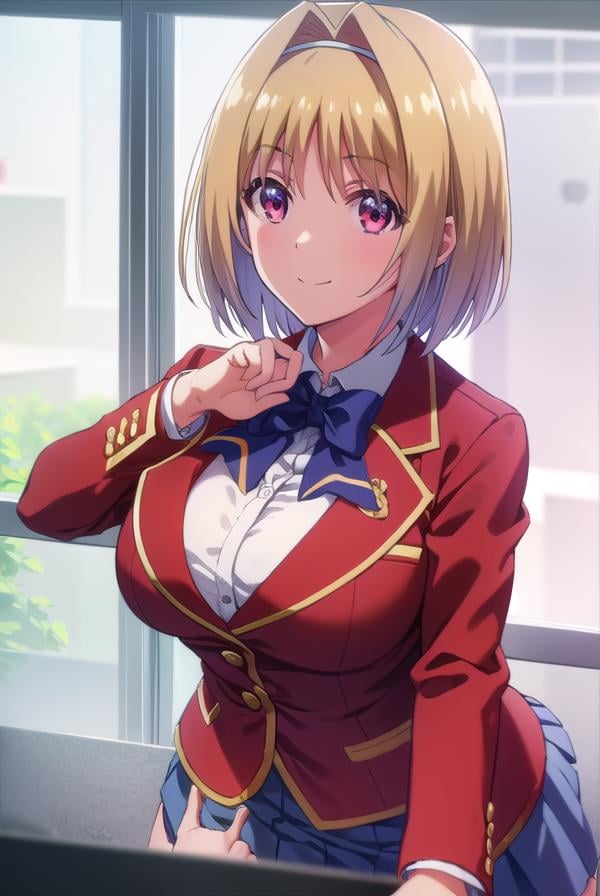 kikyoukushida, <lora:kikyou kushida s2-lora-nochekaiser:1>,kikyou kushida, short hair, blonde hair, (red eyes:1.3), hairband, hair intakes, smile,BREAK shirt, long sleeves, bow, school uniform, jacket, white shirt, bowtie, blue bow, blazer, (red blazer:1.5),BREAK indoors, classroom,BREAK looking at viewer, (cowboy shot:1.5),BREAK <lyco:GoodHands-beta2:1>, (masterpiece:1.2), best quality, high resolution, unity 8k wallpaper, (illustration:0.8), (beautiful detailed eyes:1.6), extremely detailed face, perfect lighting, extremely detailed CG, (perfect hands, perfect anatomy),