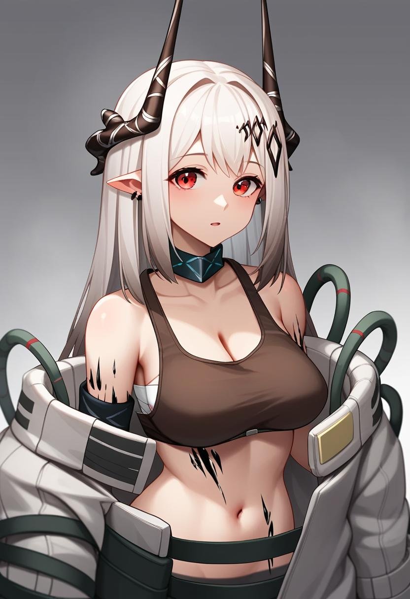 score_9,score_8_up,score_7_up,<lora:earknights_all:1>,girl,mudrock_\(arknights\),red_eyes,pointy_ears,horns,large_breasts,bare_shoulders,long_hair,cleavage,material_growth,oripathy_lesion_\(arknights\),white_hair,grey_hair,infection_monitor_\(arknights\),navel,