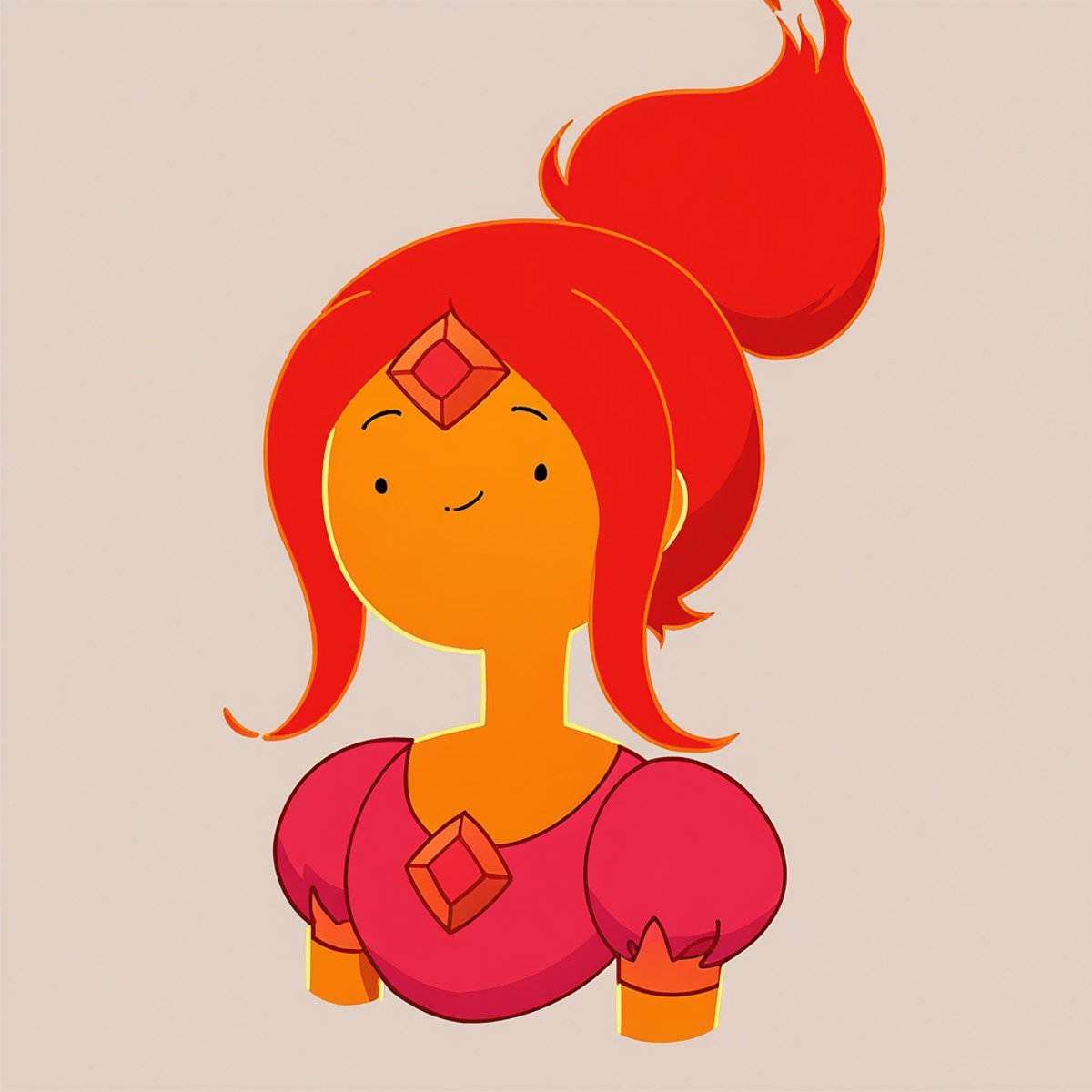 score_9, score_8_up, score_7_up,  <lora:pr1nc3ssfl4m3:1> pr1nc3ssfl4m3,1girl,princess flame,adventure time, looking at viewer, <lora:Adventure_Time_Style_LORA:1>, dot eyes,portrait, hair up,smile,long hair