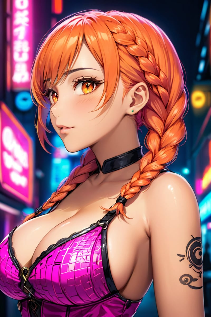 extreemely detailed,sexy, cleavage, asian beauty, fancy colorful dress, amazing background, chromatic aberration, cyberpunk, neon lights in the background, high definition photo, ultra detailed skin, ultra detailed face, small skin imperfections, 1girl, Side braid, large boobs, Boyish body, orange eyes, Hot pink hair