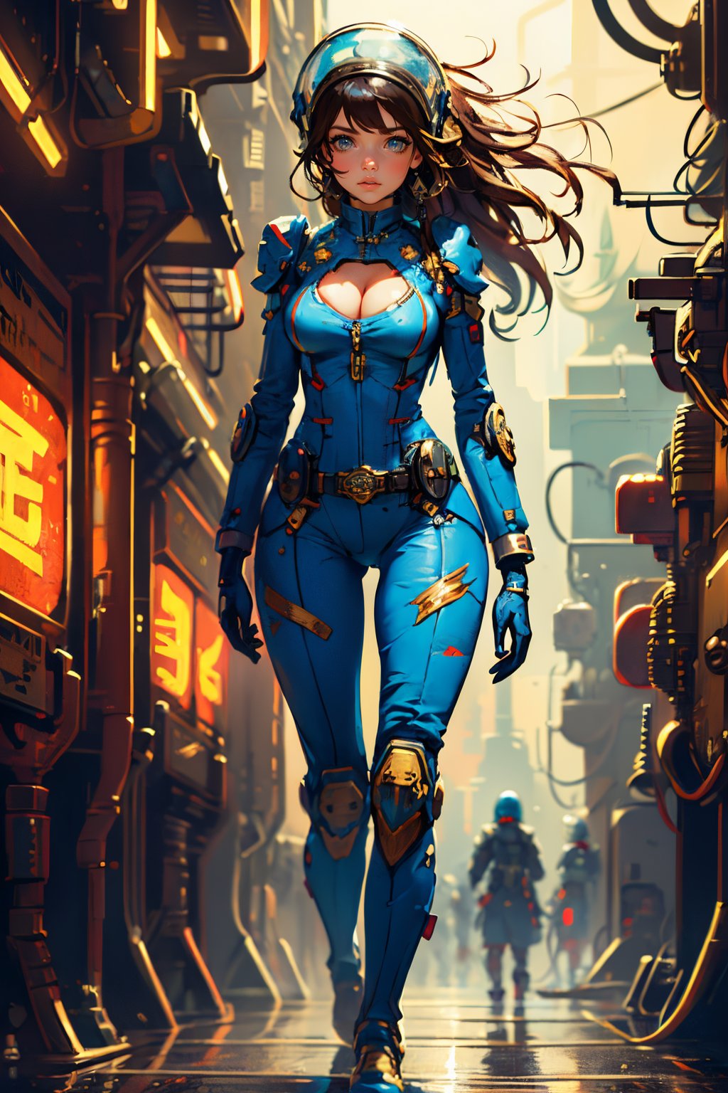 weilai01,1girl,solo,long hair,steampunk,gray bodysuit,science fiction,looking at viewer,breasts,brown hair,walking,floating hair,gloves,<lora:weilai-1.5:0.8>,helmet,cleavage cutout,, best quality, ultra-detailed, masterpiece, finely detail, highres, 8k wallpaper