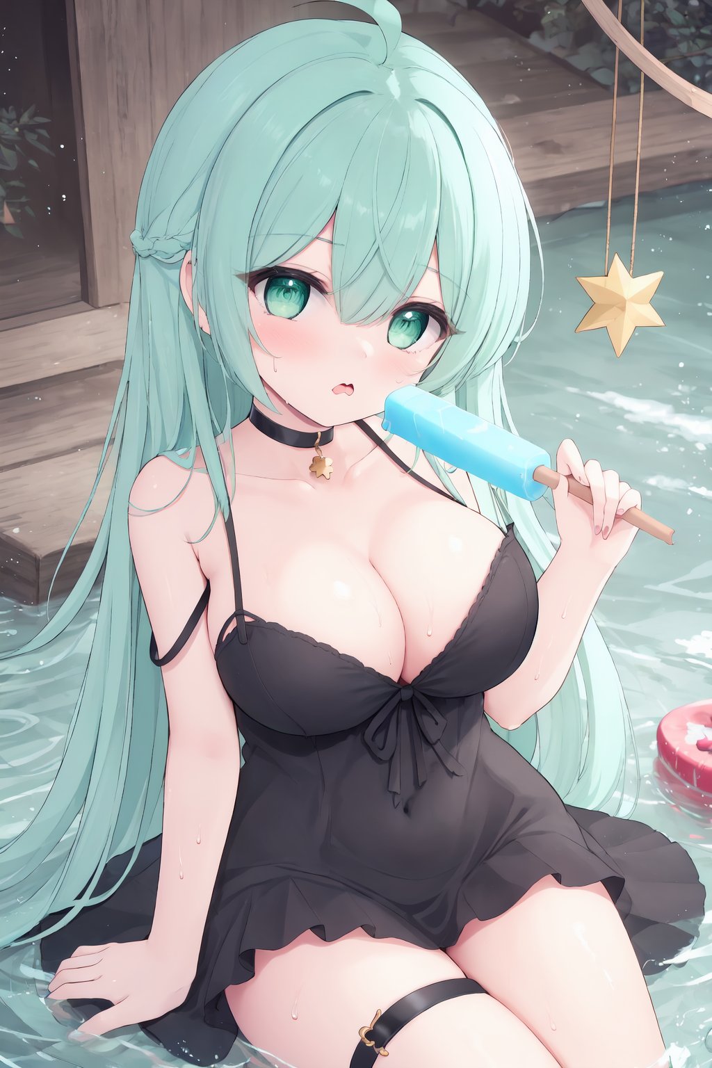 1girl, breasts, solo, food, long hair, popsicle, looking at viewer, black dress, green eyes, cleavage, sitting, holding, black choker, aqua hair, strap slip, thigh strap, bangs, ahoge, wind chime, hair between eyes, holding food, large breasts, medium breasts, water, bare shoulders, eating, sleeveless, sweat, 