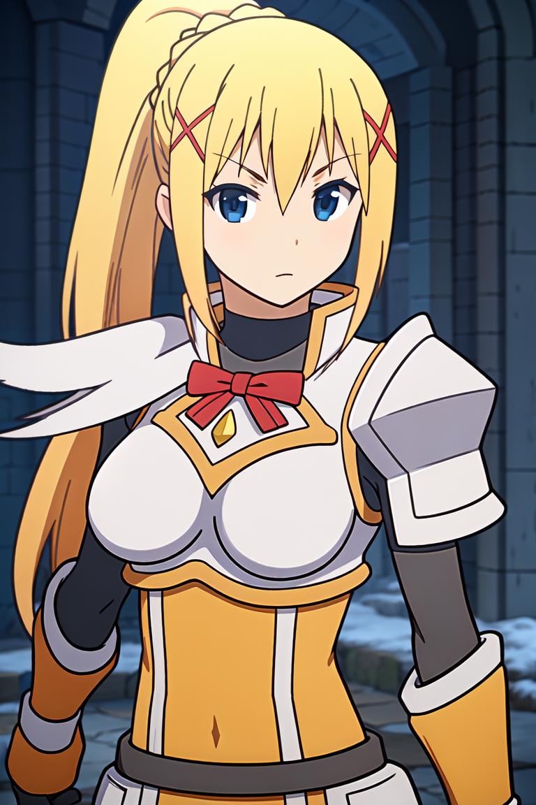 <lora:DarknessV2:0.7>darkness (konosuba),best quality,masterpiece,upper body,1girl,solo,long hair,breasts,looking at viewer,blonde hair,hair ornament,gloves,ribbon,ponytail,black gloves,armor,x hair ornament,shoulder armor,pauldrons,looking at viewer,weapon