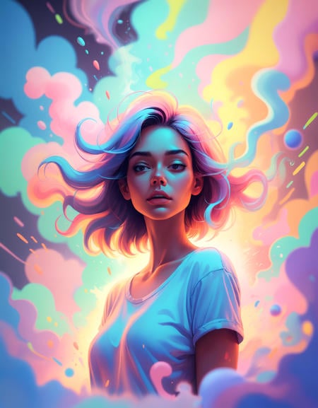 soft pastel colors, cartoon style illustration of a woman as she sees the world while experiencing hallucinations, stoned, splash art, splashed pastel colors, (soft iridiscent glowy smoke) motion effects, best quality, wallpaper art, UHD, centered image, MSchiffer art, ((flat colors)), (cel-shading style) very vibrant neon colors, ((low saturation)) ink lines, iridiscent,