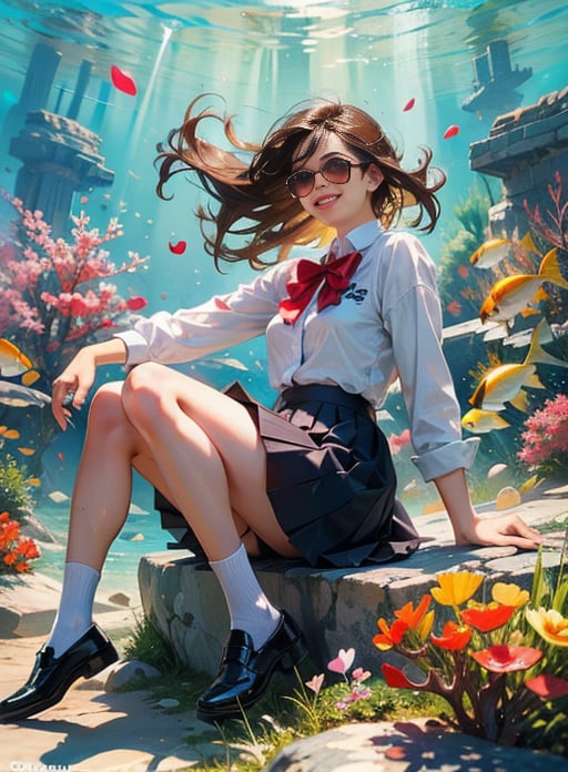 smile,fish,solo,skirt,socks,shoes,brown hair,pleated skirt,knee-length skirt,school uniform,looking at audience,black shoes and socks,leaning forward,white socks,full-length,realistic,long-sleeved,brown eyes,mini-skirt,bubbles,foam,brown eyes,underwater,looking at audience,grinning,brunette,water,floating hair,sunglasses,swimming,petals,underwater,brown hair,