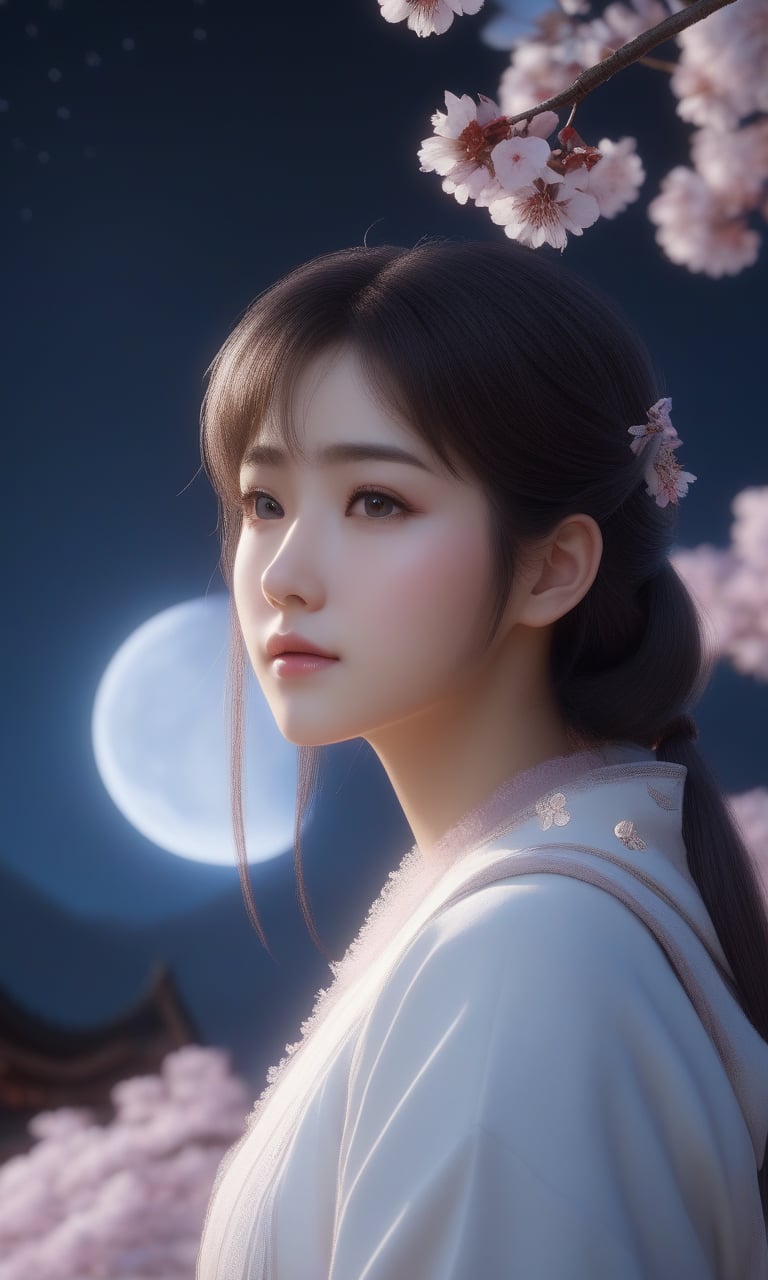 (,1girl, pov,best quality,, ),masterpiece, fantasy, realistic,science fiction,mole,,ultra realistic 8k cg, flawless,tamari \(flawless\),,cherry blossoms,,night, night sky, crescent moon, moonlight,,(facing viewer, looking at viewer, , ),  ((()))