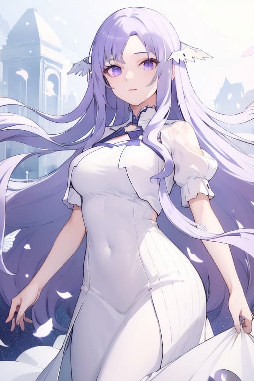 1girl, solo, very long hair, light purple hair, swept bangs, purple eyes, white dress, long dress, floating hair, short sleeves, large breasts, quinella, quinella_(SAO),<lora:lbc_quinella_(sao)24324_v1.0:1>,